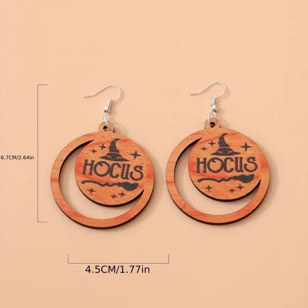 Halloween Witch Orange Wood Earrings 3 1/4" - Picture 6 of 6